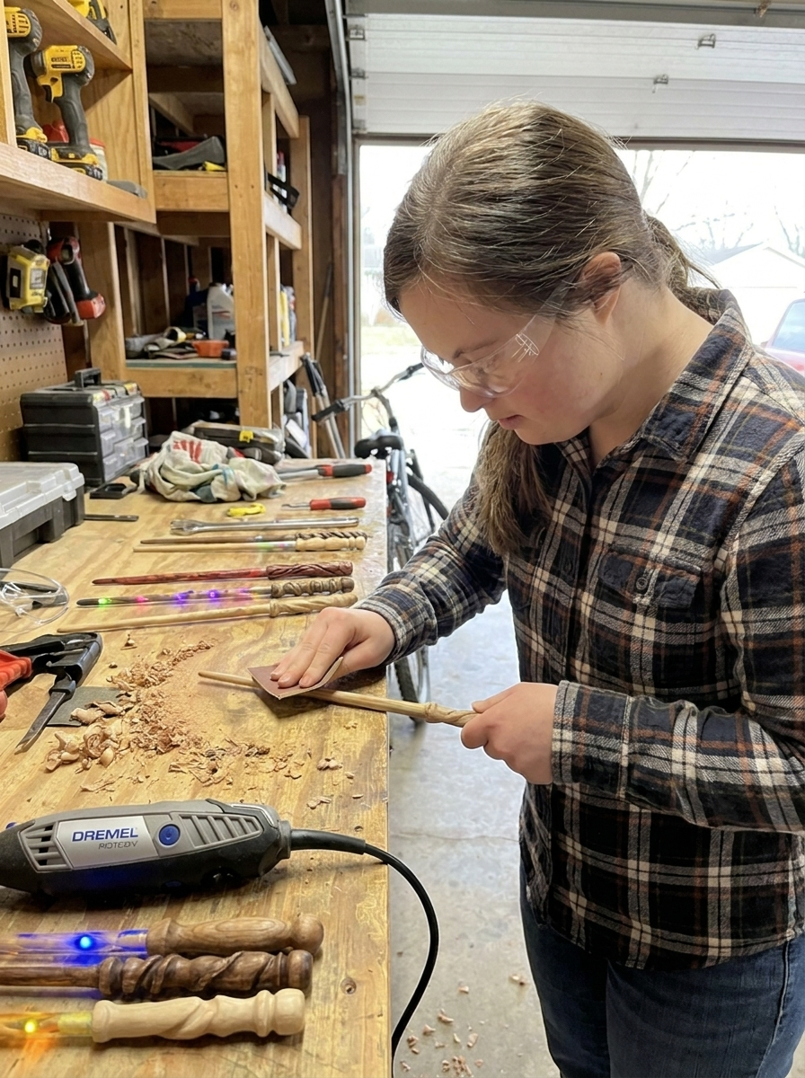 April's home workshop with wood shavings and a half-finished wand
